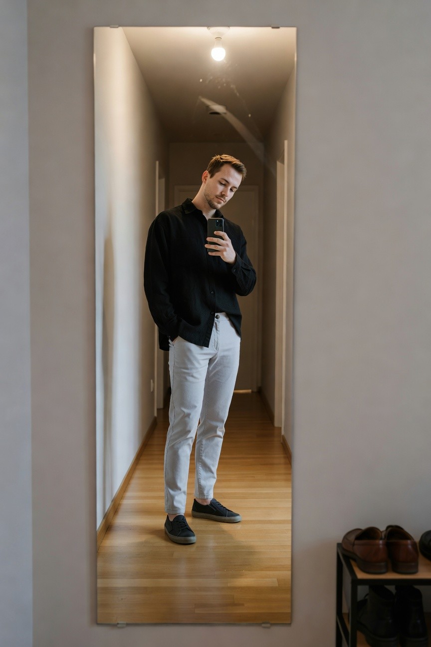 Young man in loose black button-up shirt untucked over slim light grey pants and grey sneakers, mirror selfie in hallway with hands in pockets