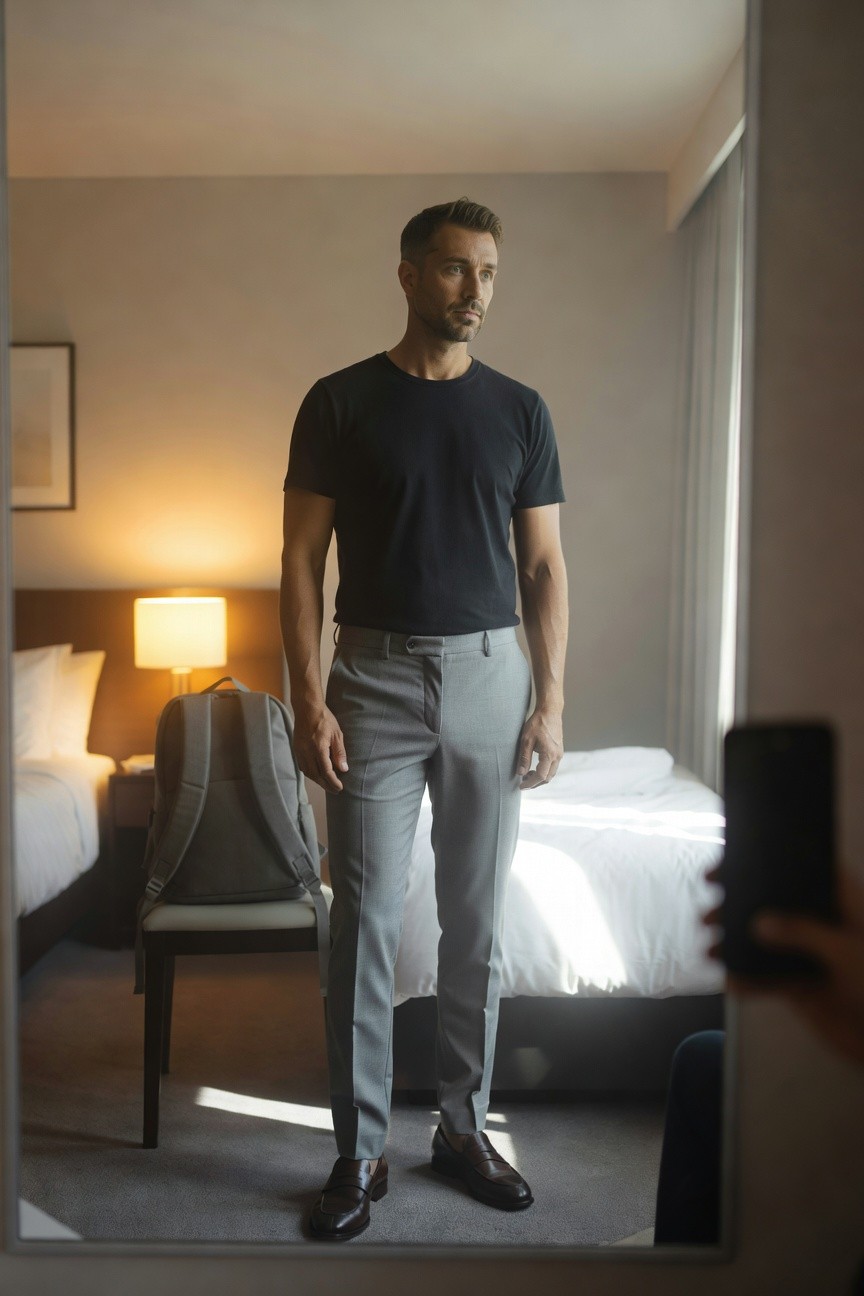 Man in fitted black short-sleeve t-shirt, slim light grey trousers, and brown leather loafers standing confidently in a minimalist hotel room mirror selfie