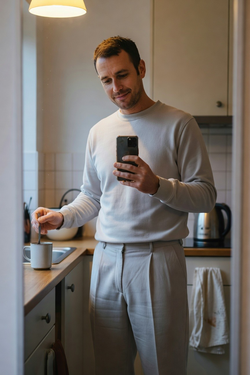 Man in light grey crewneck sweatshirt and matching pleated grey trousers standing in kitchen, stirring a mug of tea while holding his phone and smiling at the camera