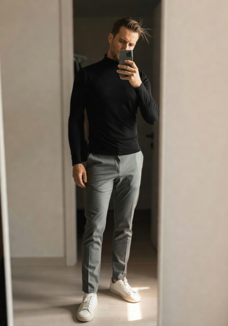 Man in black long-sleeve turtleneck, slim grey trousers, and white sneakers posing in mirror selfie for minimalist outfit