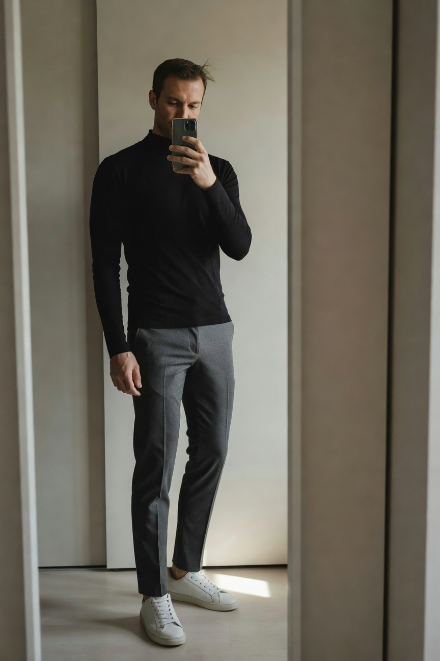 Man in black long-sleeve turtleneck, slim grey trousers, and white sneakers posing in mirror selfie for minimalist outfit