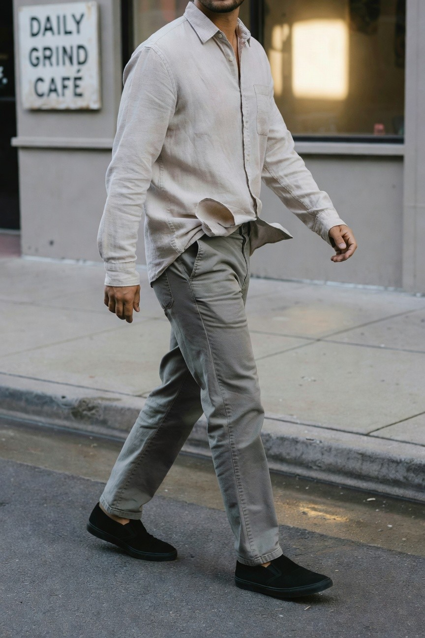 Man walking on urban sidewalk in untucked pale linen shirt, grey chinos, and black suede slip-on sneakers, minimalist casual style outside a cafe