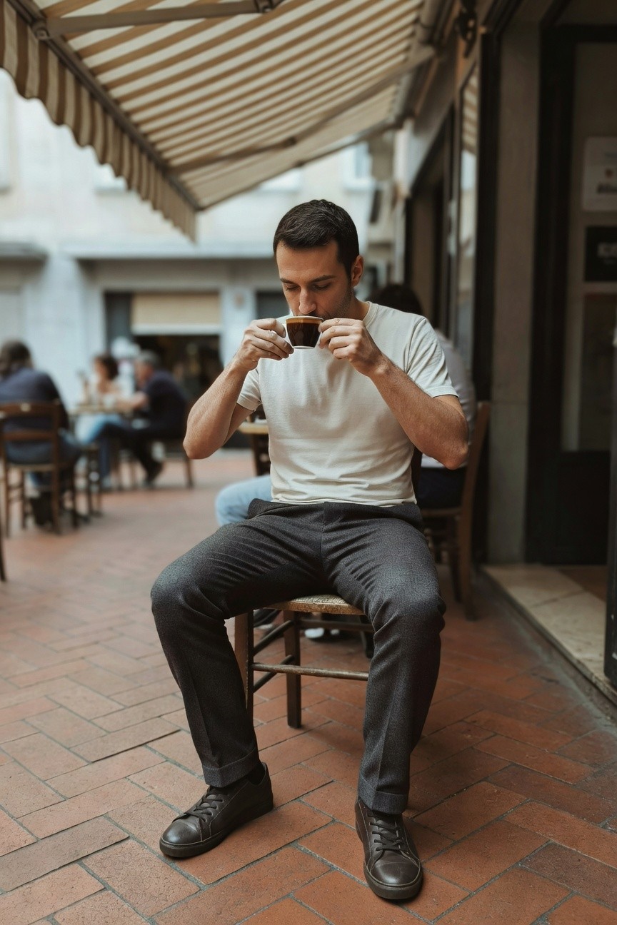 Man in off-white short-sleeve t-shirt, textured grey trousers, and black leather sneakers, seated outdoors holding a small coffee cup, minimalist clean aesthetic