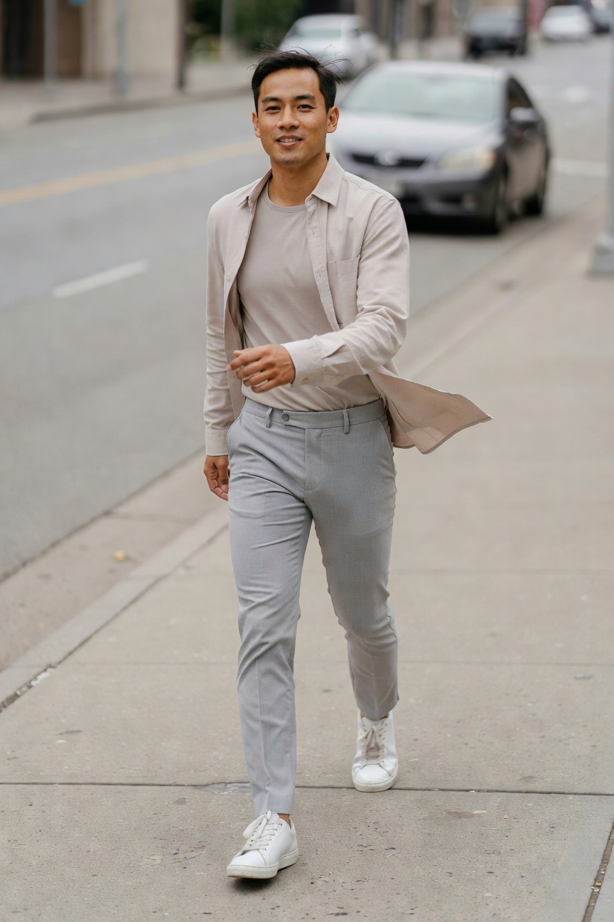 Man walking on sidewalk in open light beige blazer over white t-shirt, slim grey pants, and white sneakers, minimalist neutral outfit