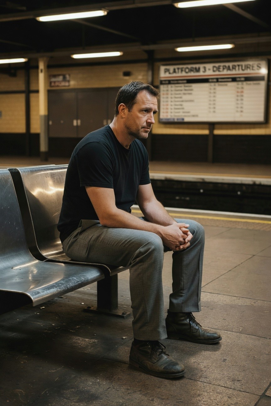 Man in his 40s sitting on a metal bench at a train platform, wearing a fitted black short-sleeve t-shirt, slim light-grey trousers, and black leather boots, hands clasped in lap, looking pensively to the side with a departures board in the blurred background