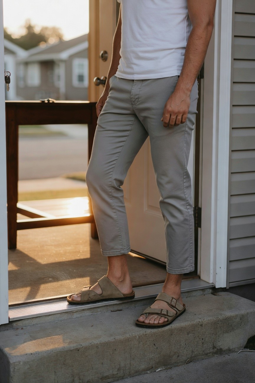 Man in slim grey chinos cropped at ankle, white t-shirt, tan double-strap suede sandals, casual minimalist pose