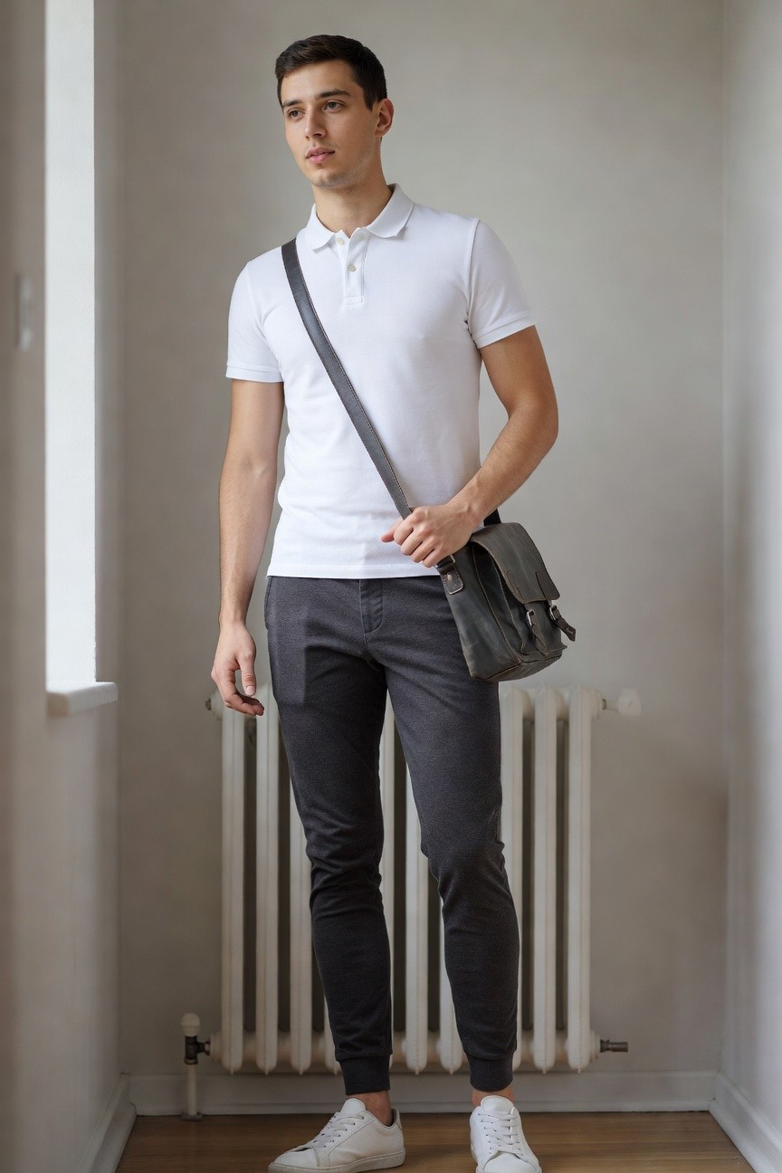Young man in white short-sleeve polo shirt, slim grey jogger pants, white sneakers, and black leather messenger bag, standing casually indoors for a minimalist look