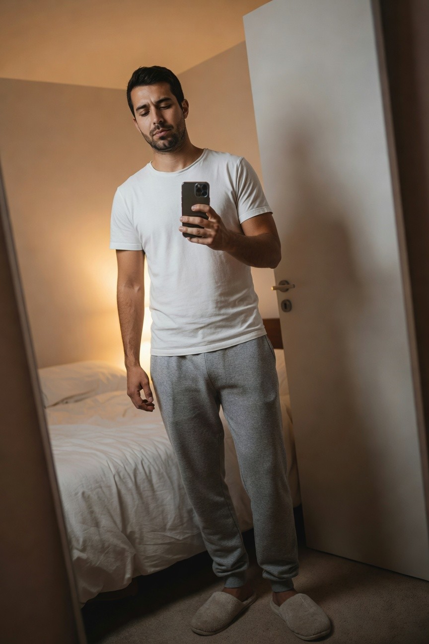 Man taking mirror selfie in white crewneck t-shirt, light grey sweatpants, and beige slippers, standing relaxed in bedroom with bed visible