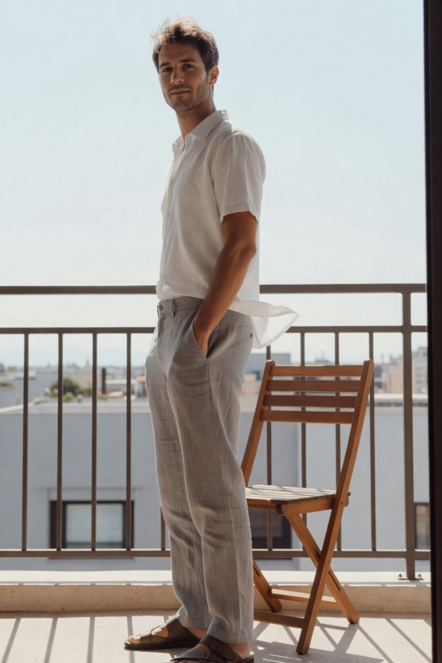 Man standing casually in white short-sleeve linen shirt, light grey linen pants with hands in pockets, and brown leather sandals on a balcony, minimalist clean aesthetic