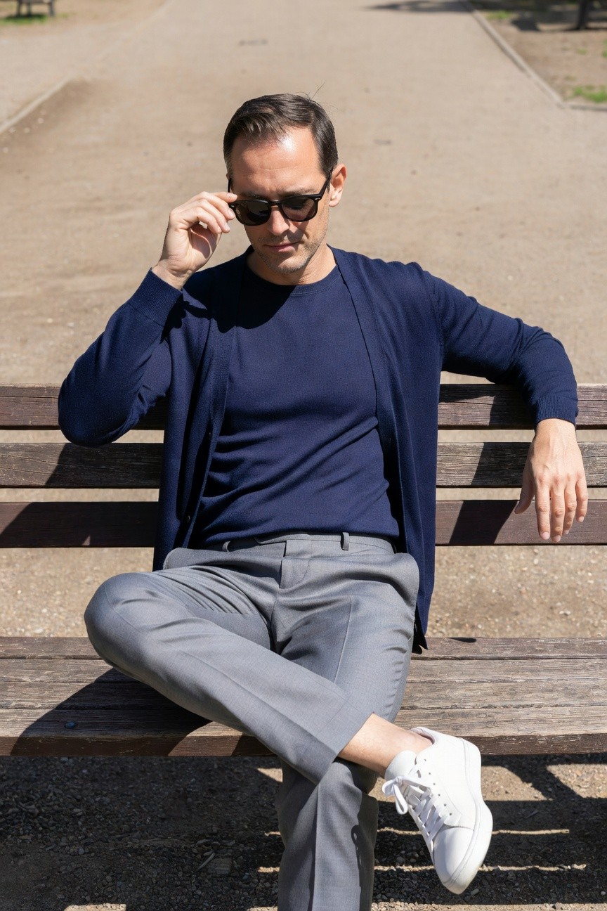 Man in his 40s sits casually on a wooden park bench wearing an open navy knit cardigan over a navy crewneck top, slim light grey trousers, white leather sneakers, adjusting dark sunglasses with one hand