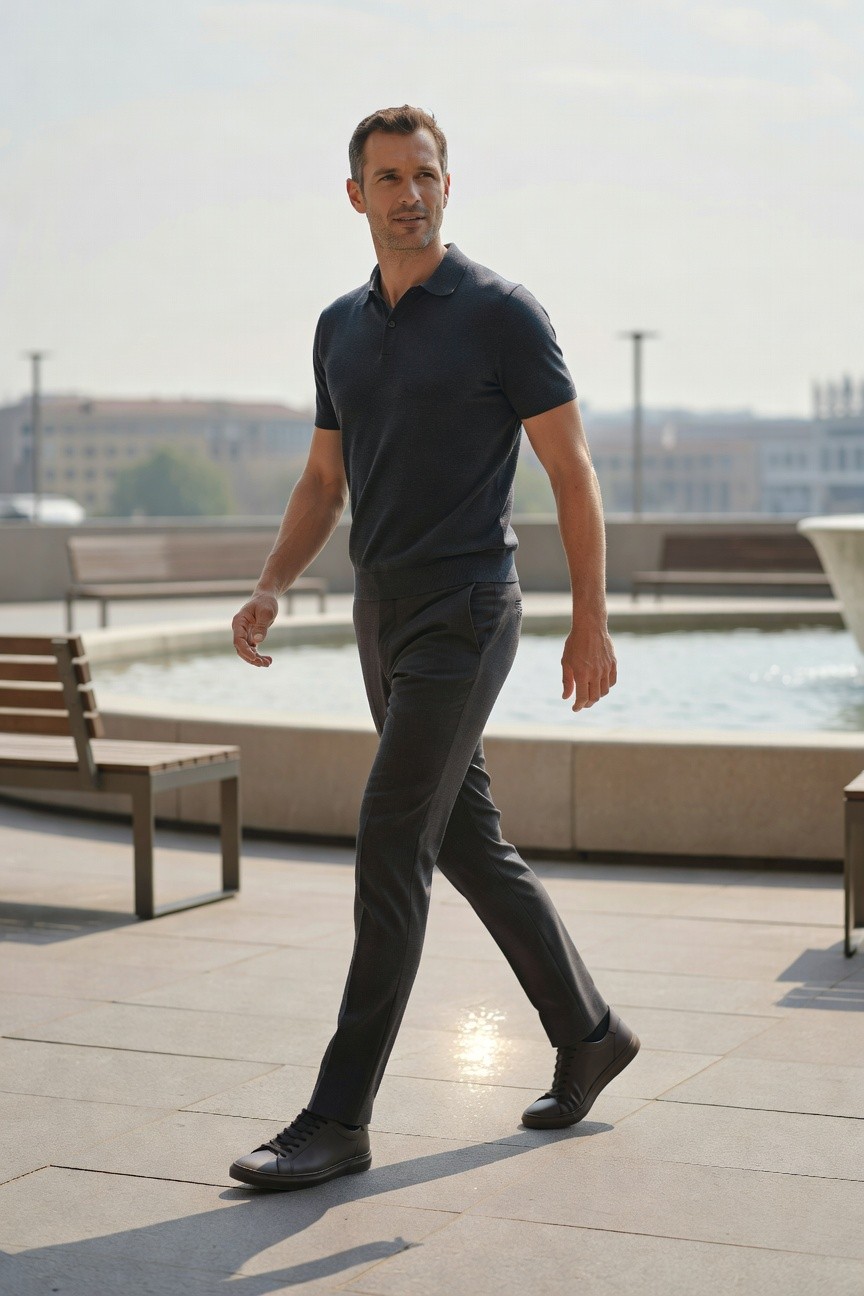 Man in short-sleeve navy polo shirt, slim grey pants, and black leather sneakers walking on paved outdoor plaza