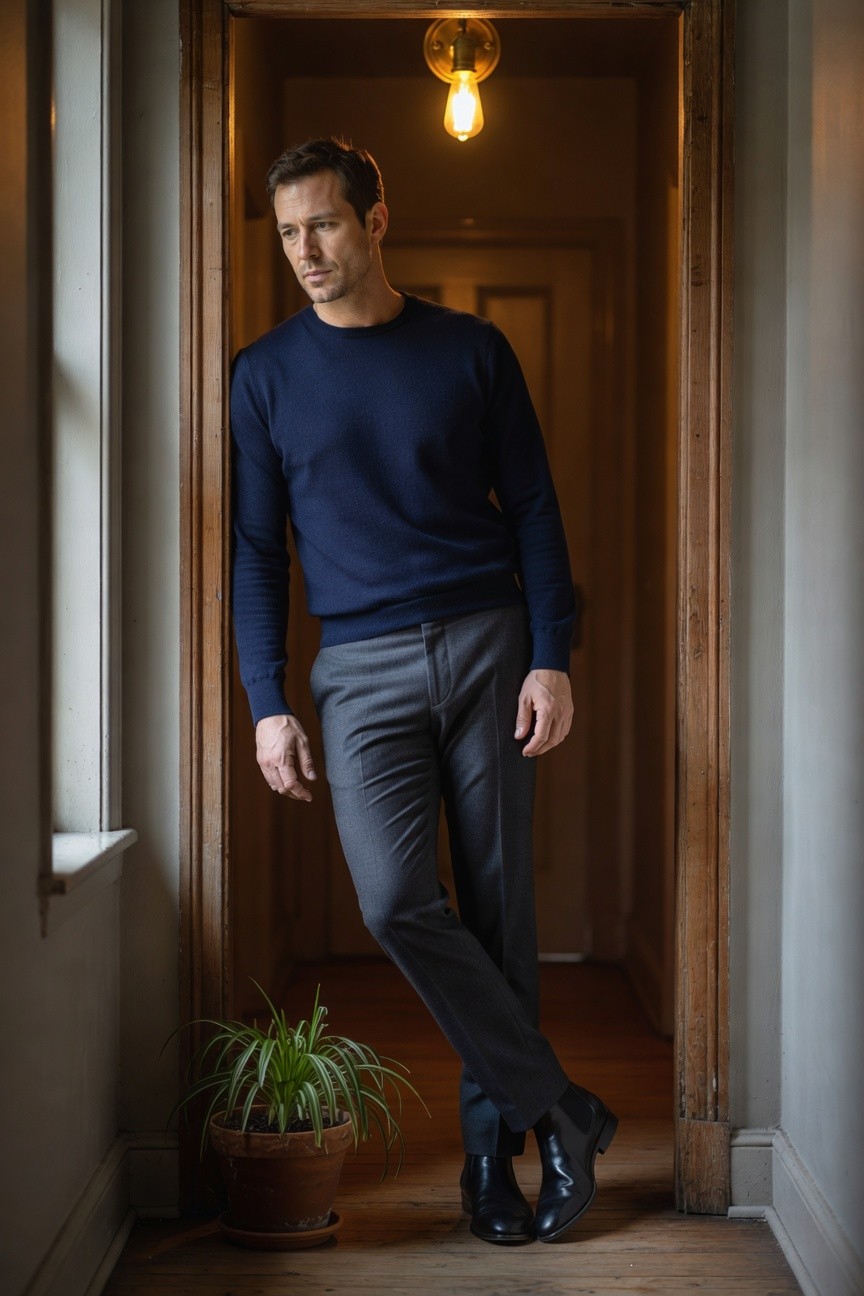 Man in navy blue long-sleeve crewneck sweater, mid-grey wool trousers, and black Chelsea boots, leaning casually in a wooden doorway with a potted plant nearby