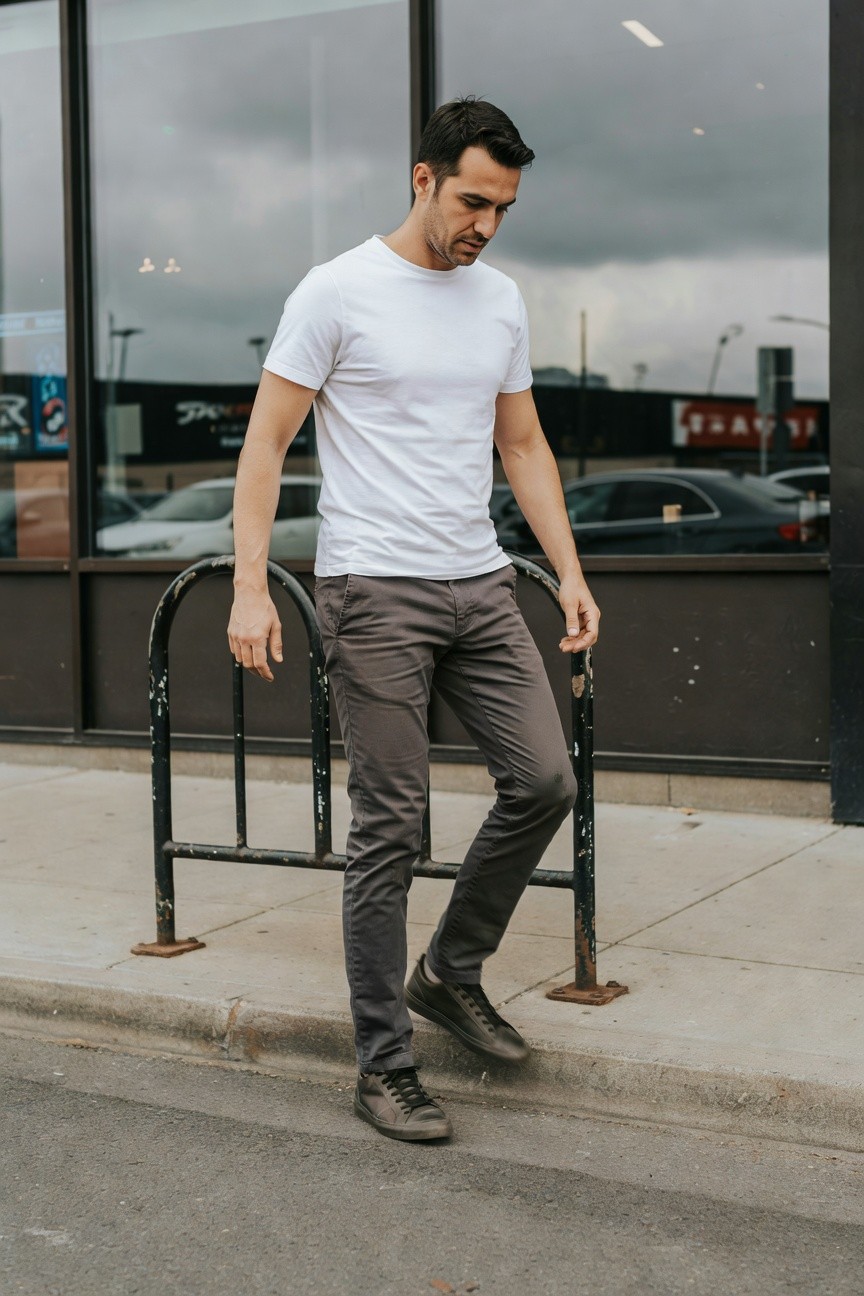 Man in white short-sleeve t-shirt, slim grey chinos, and grey sneakers leaning on a metal bike rack, minimalist clean aesthetic