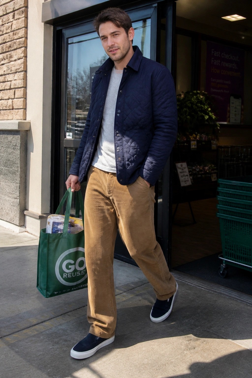 Man in navy quilted jacket and brown corduroy pants holding green reusable bag outside store
