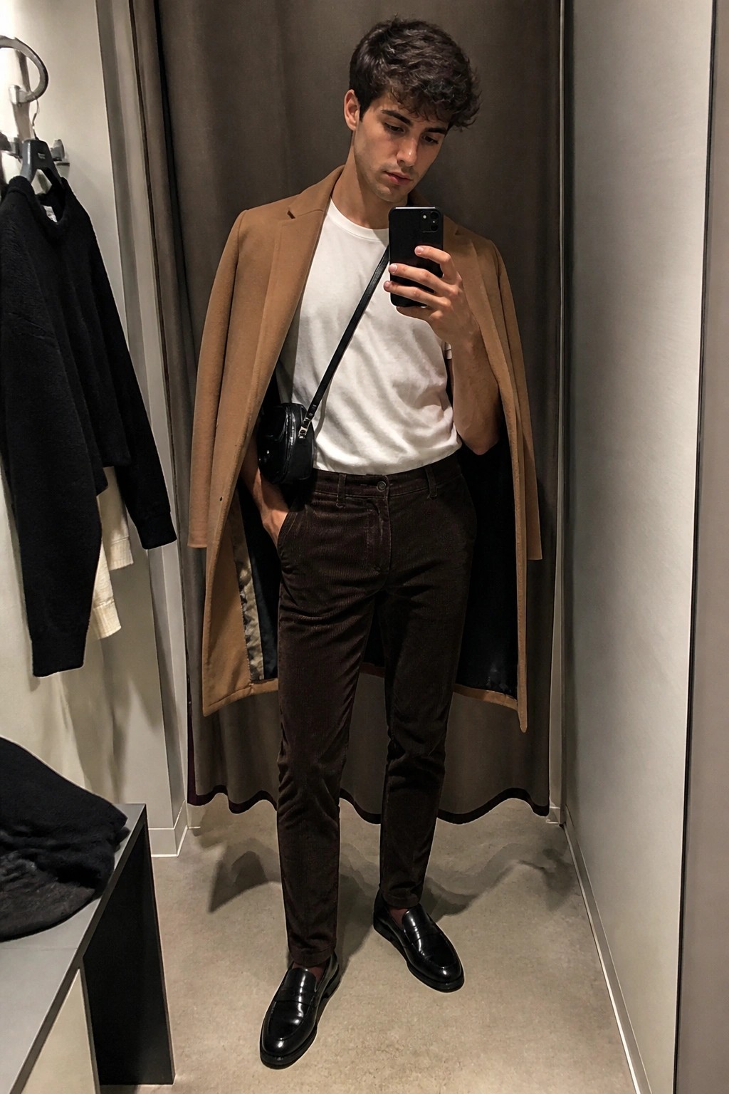 Man in brown overcoat and corduroy pants taking mirror selfie in fitting room