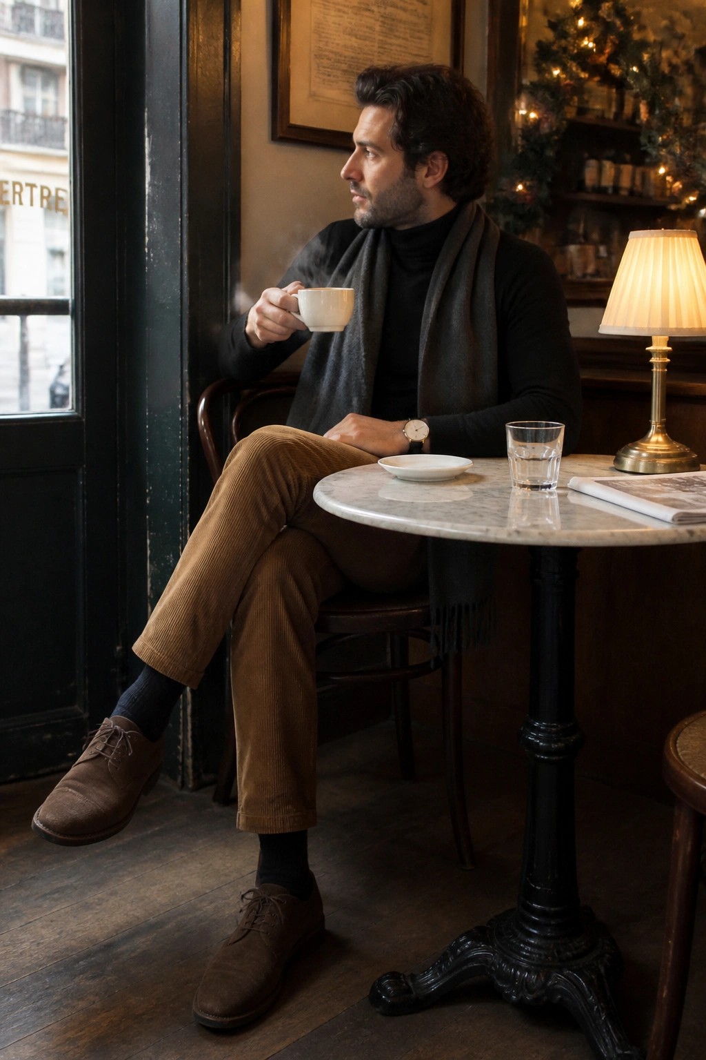 Man in black turtleneck and gray scarf sipping coffee at marble cafe table