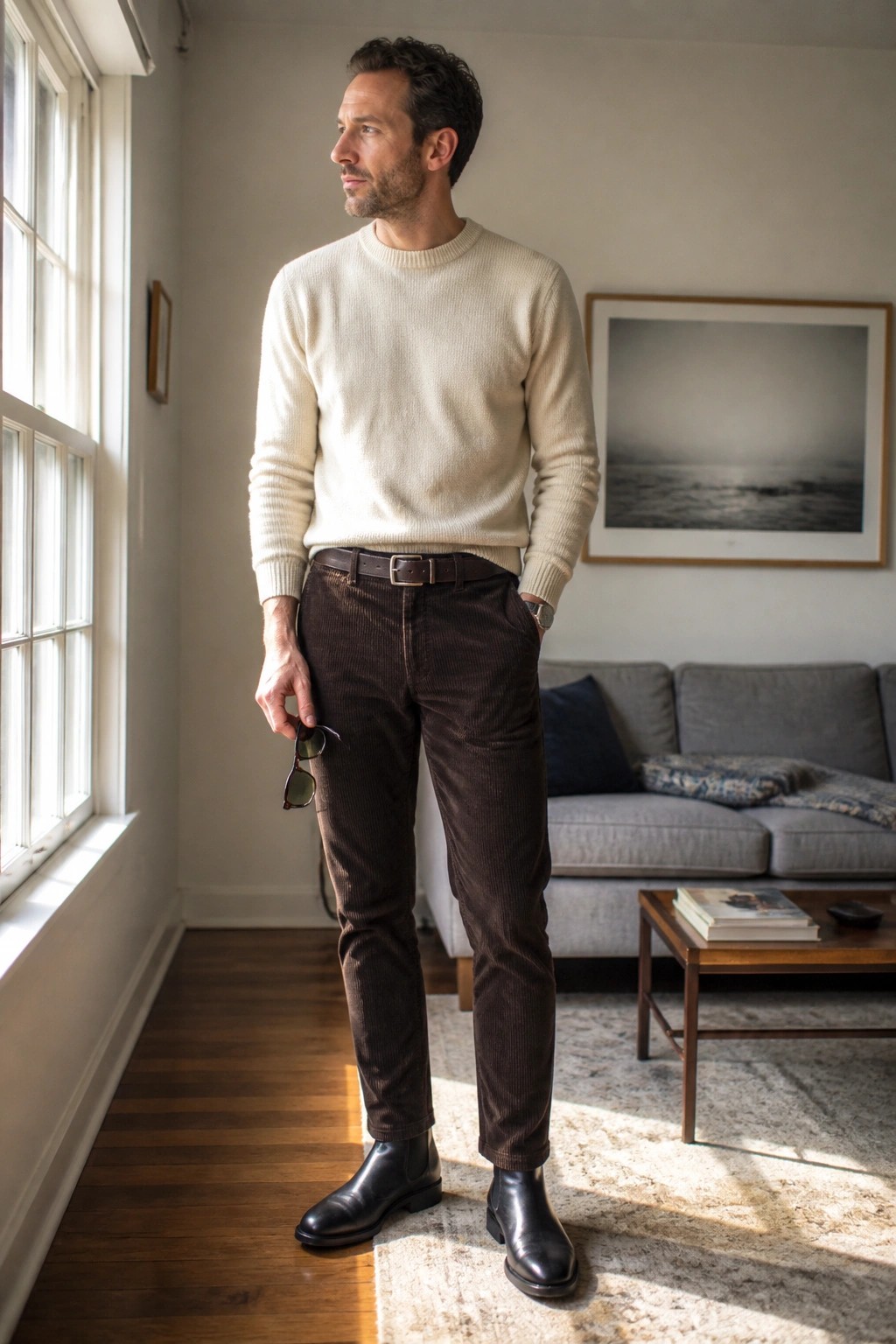 Man in cream sweater and brown corduroy pants stands in sunlit living room