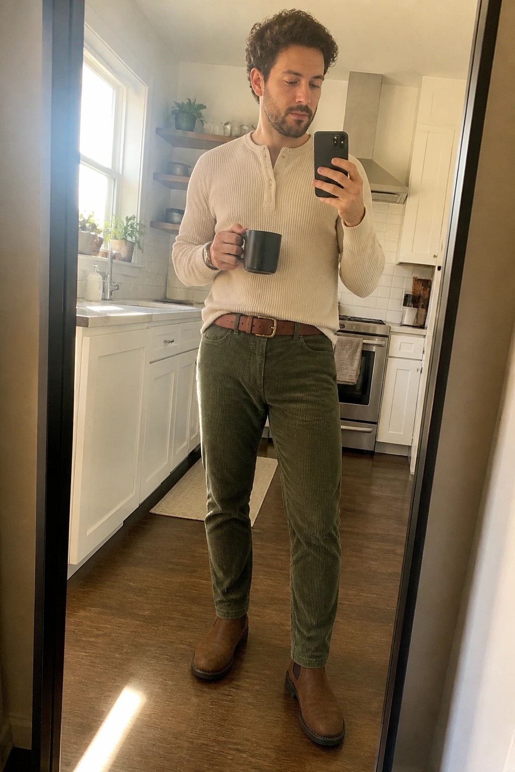 Man in olive corduroy pants, cream ribbed henley, brown belt and brown Chelsea boots holding a mug and phone in a kitchen.