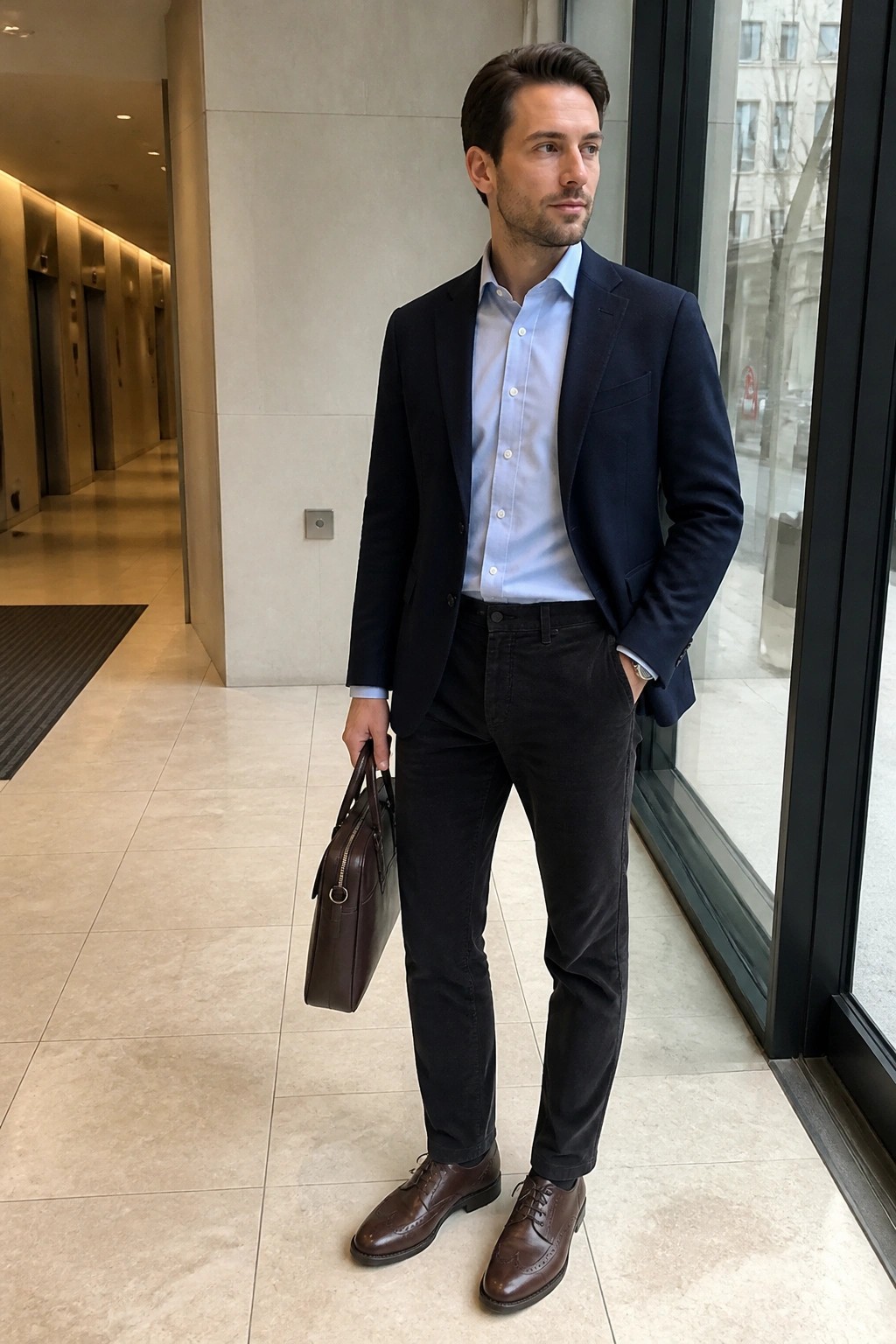 Man in navy blazer and light blue shirt holds brown briefcase in lobby.