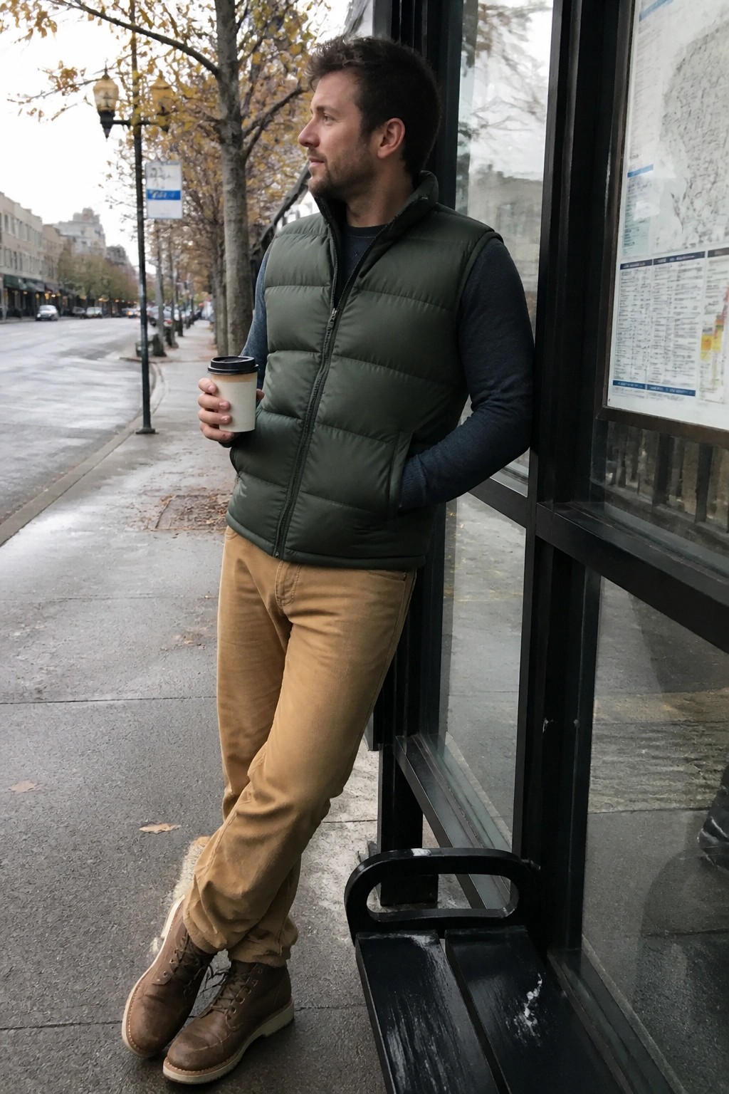 Man in tan corduroy pants, olive green puffer vest over navy sweater, and brown leather boots holding a coffee cup while leaning against a glass bus shelter.