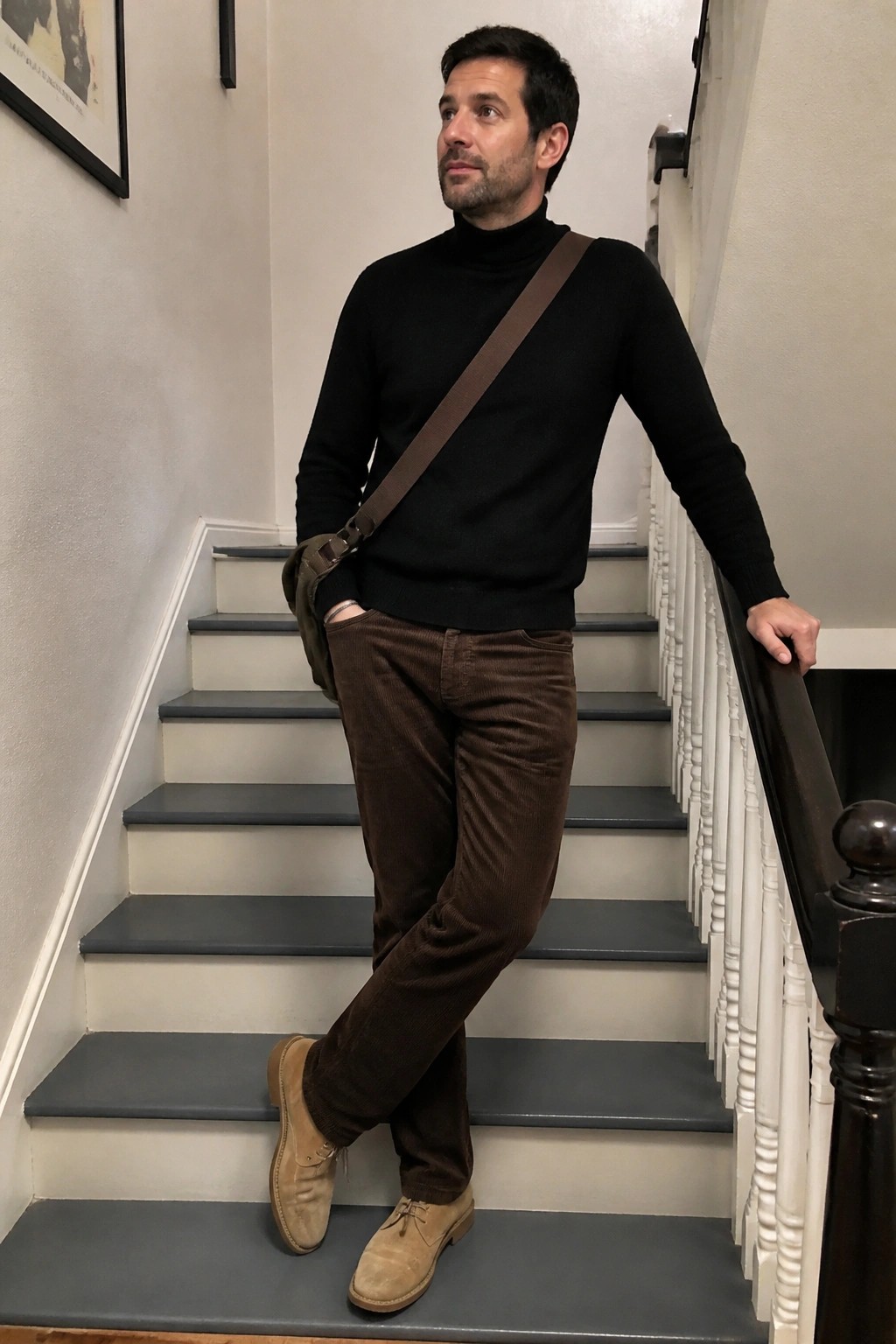 Man in black turtleneck and brown corduroy pants on staircase with crossbody bag.