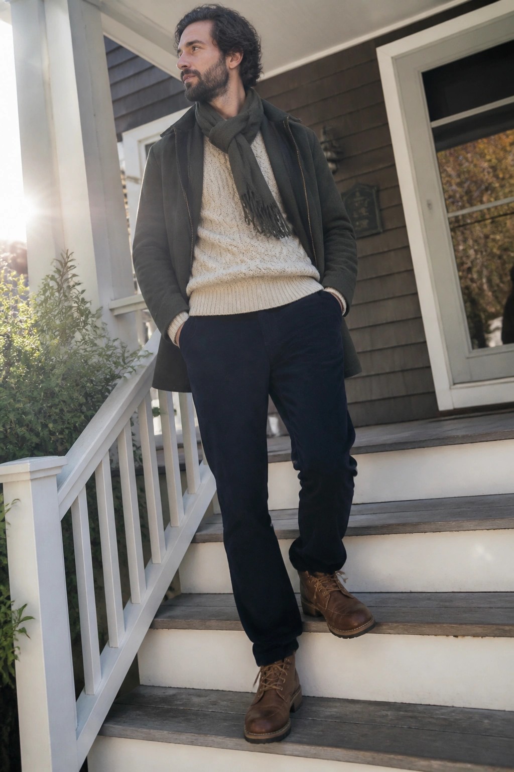 Man in green jacket and cream sweater with scarf on wooden porch steps