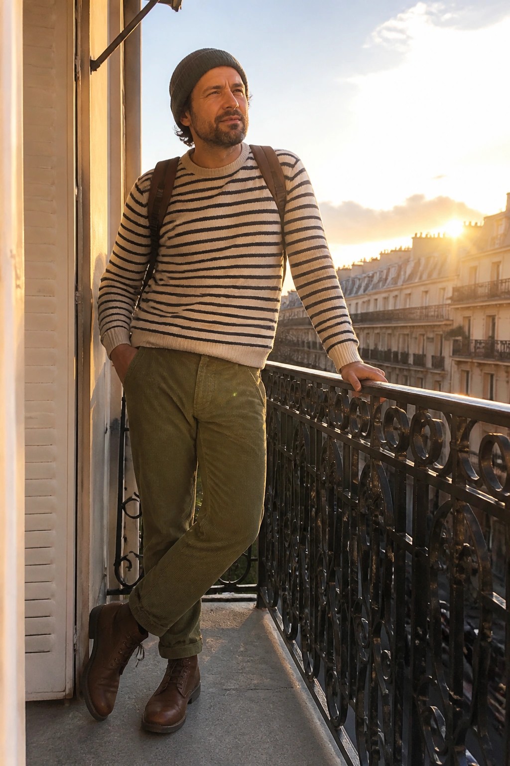 Man in striped sweater and green corduroy pants on Paris balcony at sunset