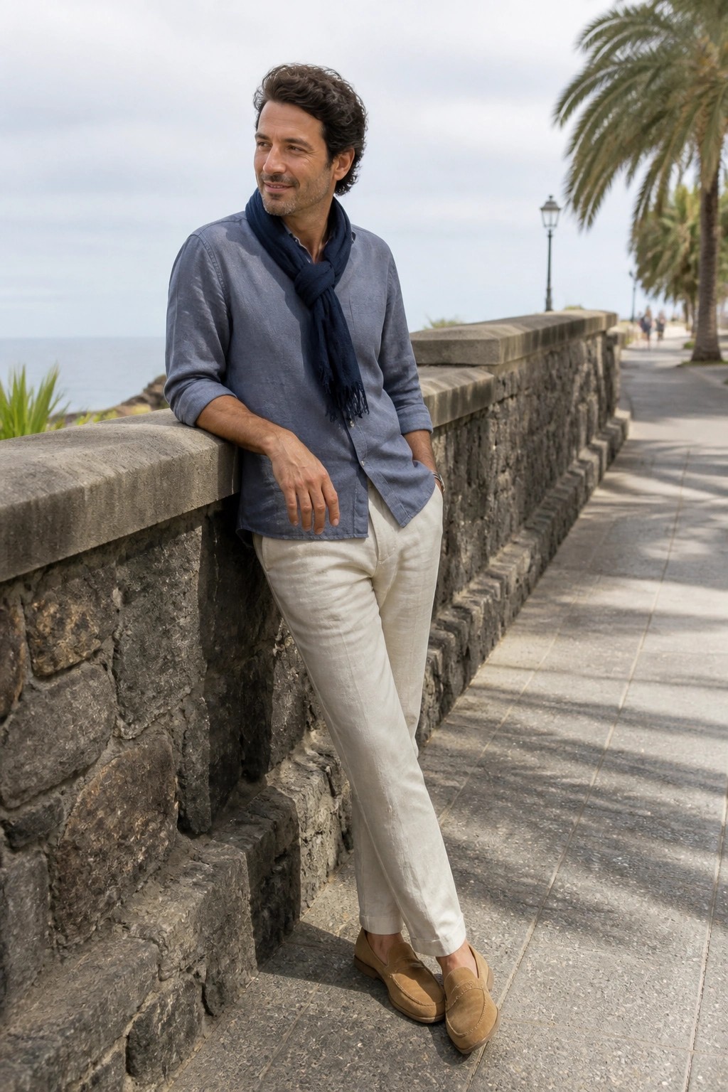 Man wearing a blue linen button-up shirt with a navy scarf, cream linen trousers, and brown suede loafers, leaning against a stone wall.