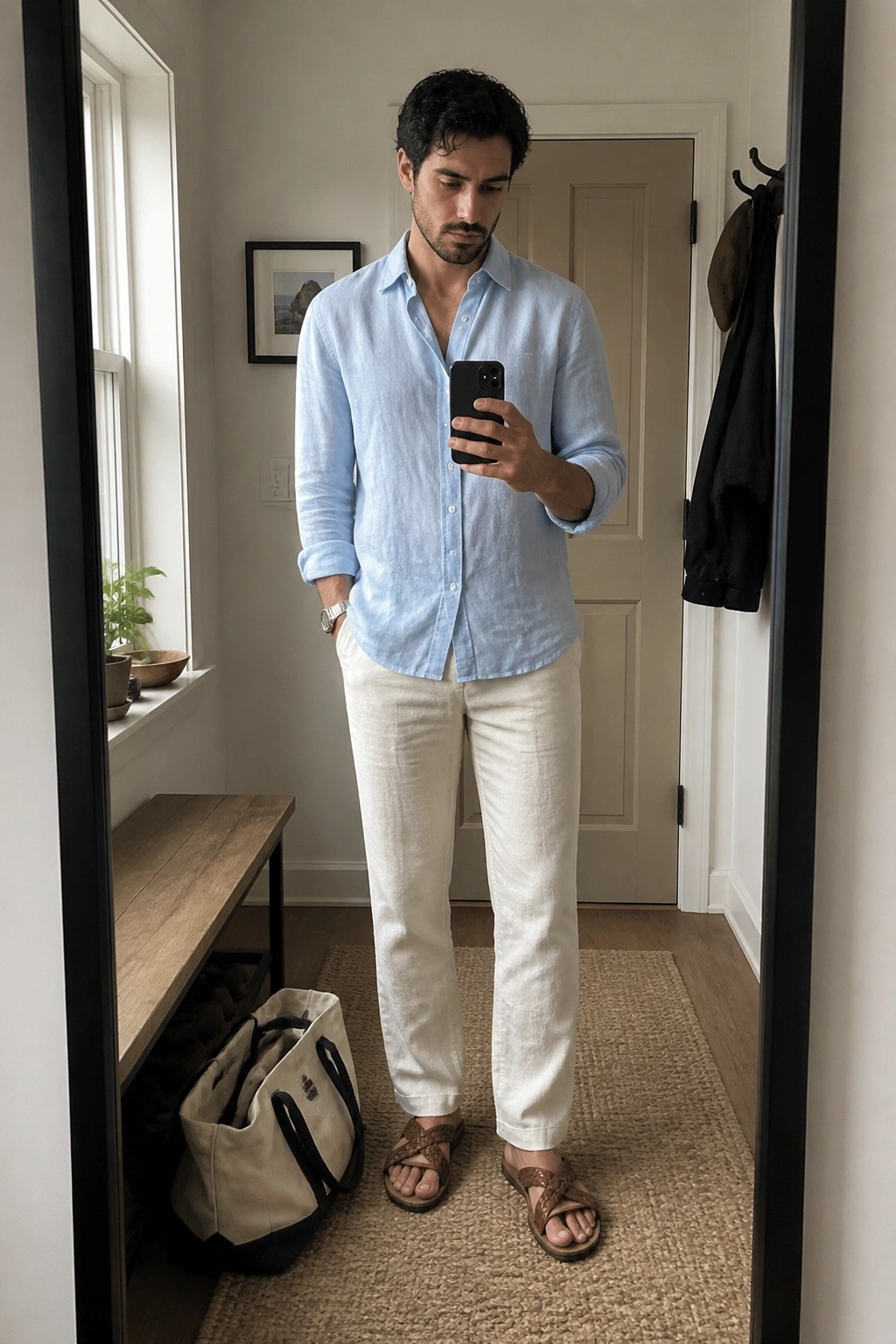 Man in light blue shirt and white pants taking mirror selfie in entryway