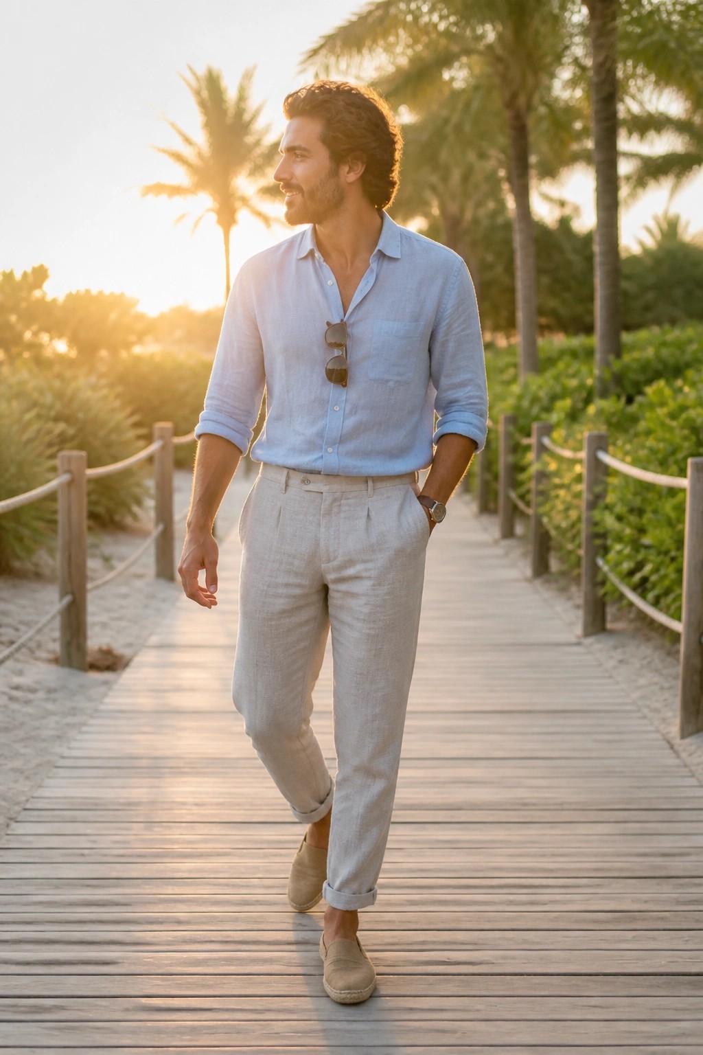 Man wearing light blue linen button up shirt with sunglasses in pocket, beige linen pants with rolled cuffs, and beige slip on shoes on a wooden walkway.
