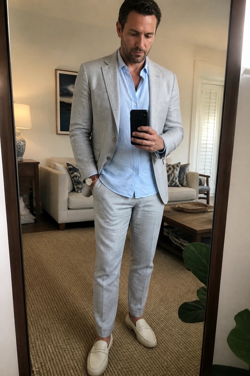 Man wearing light gray linen suit jacket and pants with light blue button down shirt and white loafers while holding a phone in a living room setting.