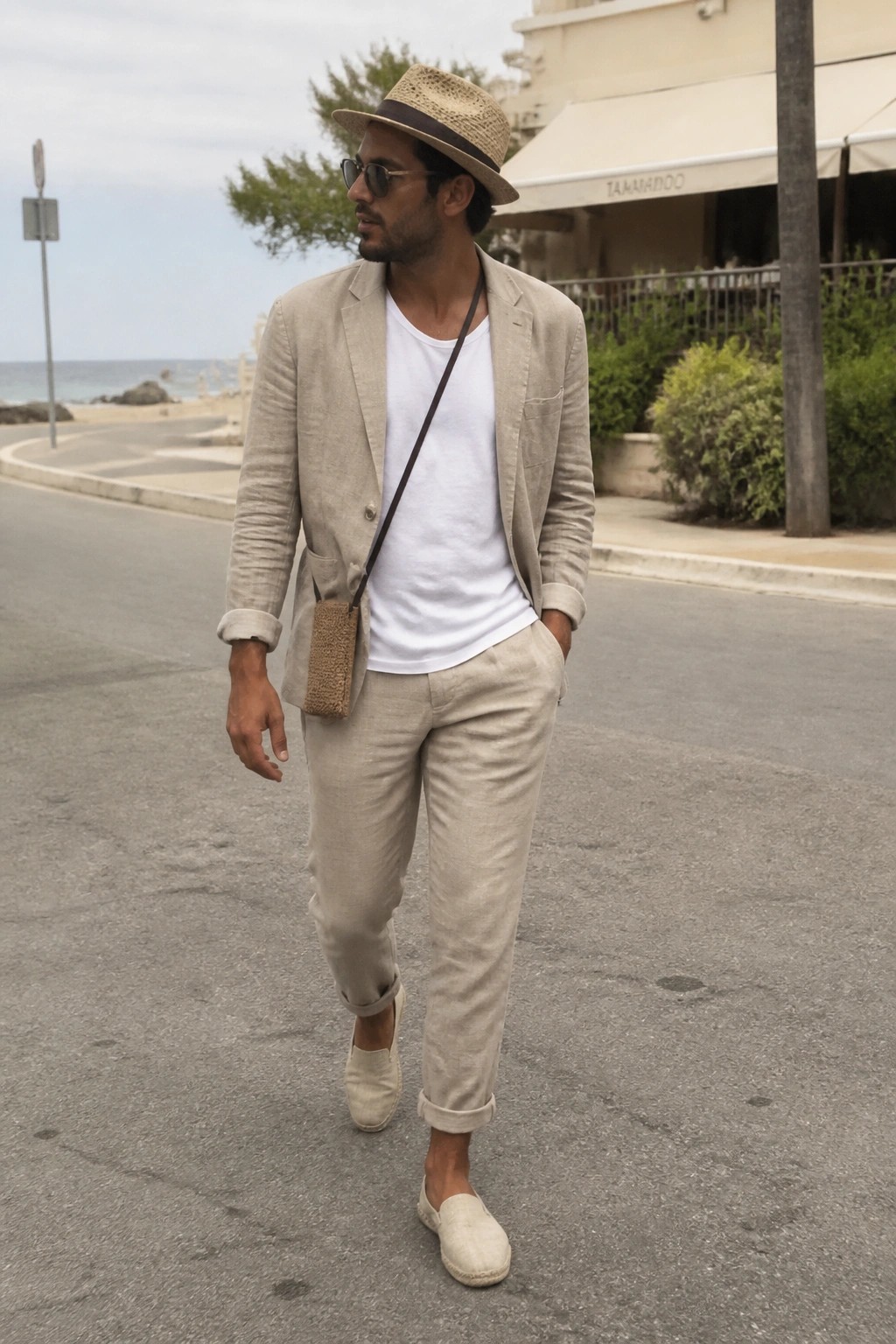 Man in beige linen suit, straw hat, and crossbody bag by the sea