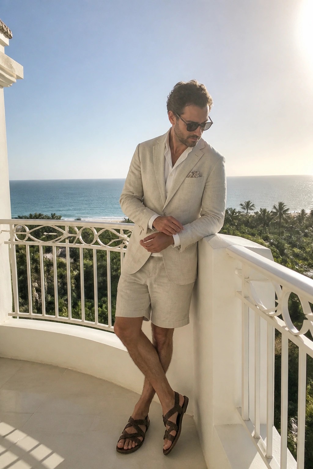 Man in beige linen suit leaning on balcony overlooking tropical ocean view