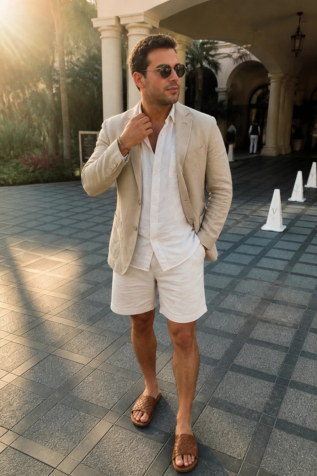 Man in beige blazer and white shirt with shorts on sunny plaza