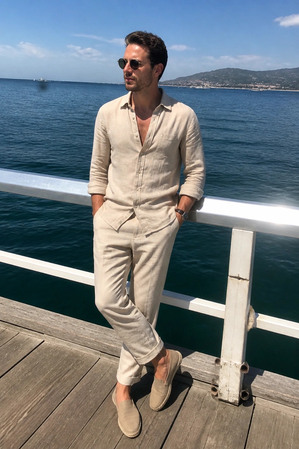 Man in beige linen shirt and pants leaning on oceanfront railing.
