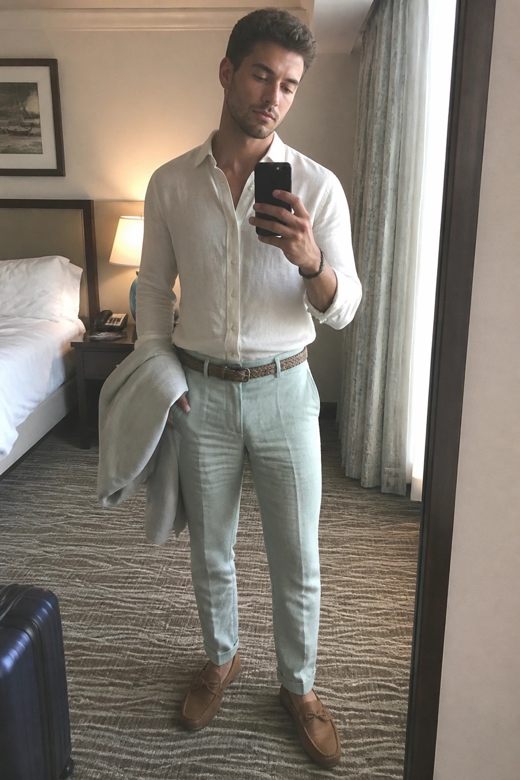 Man wearing white linen button-up shirt tucked into mint green linen trousers with brown braided belt and brown suede loafers while holding a phone and light jacket in a hotel room mirror selfie.