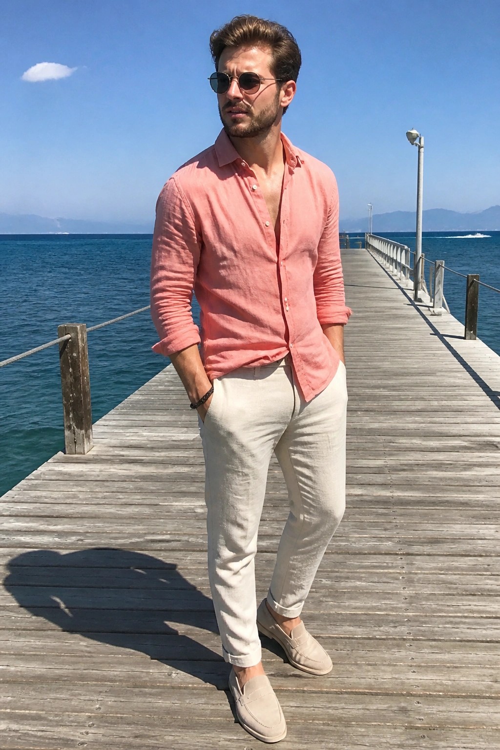 Man in pink shirt and beige pants standing on ocean pier