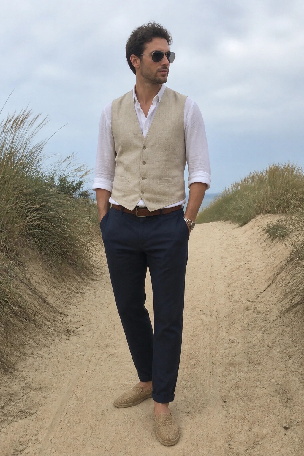 Man in beige linen vest, white shirt, and navy pants on sandy coastal path