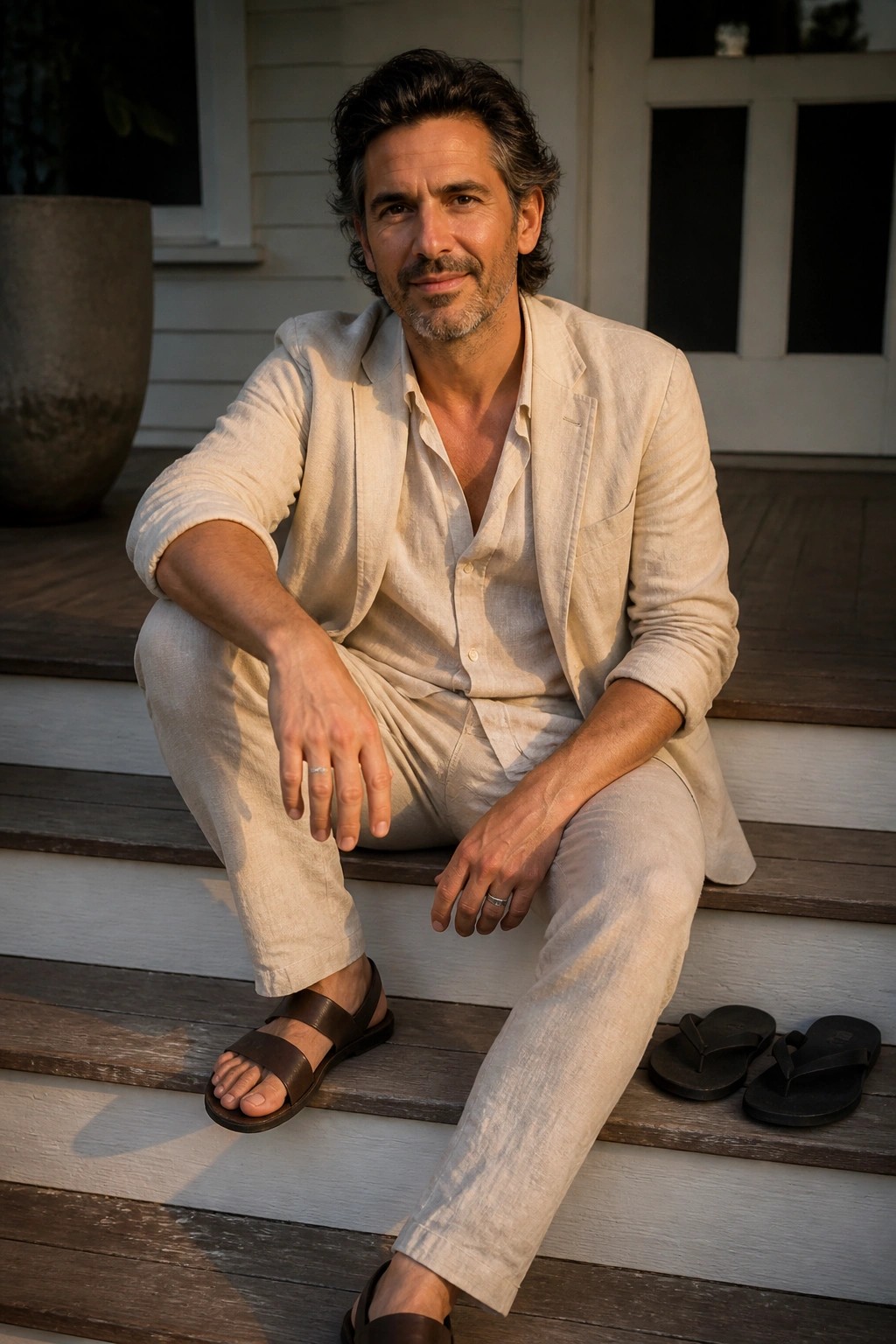 Man in beige linen suit seated on wooden porch steps with sandals nearby