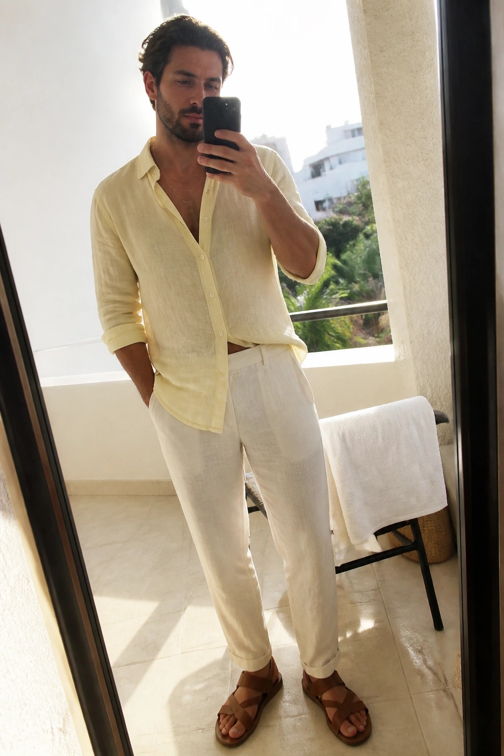 Man in yellow linen shirt and white pants taking mirror selfie in bright room