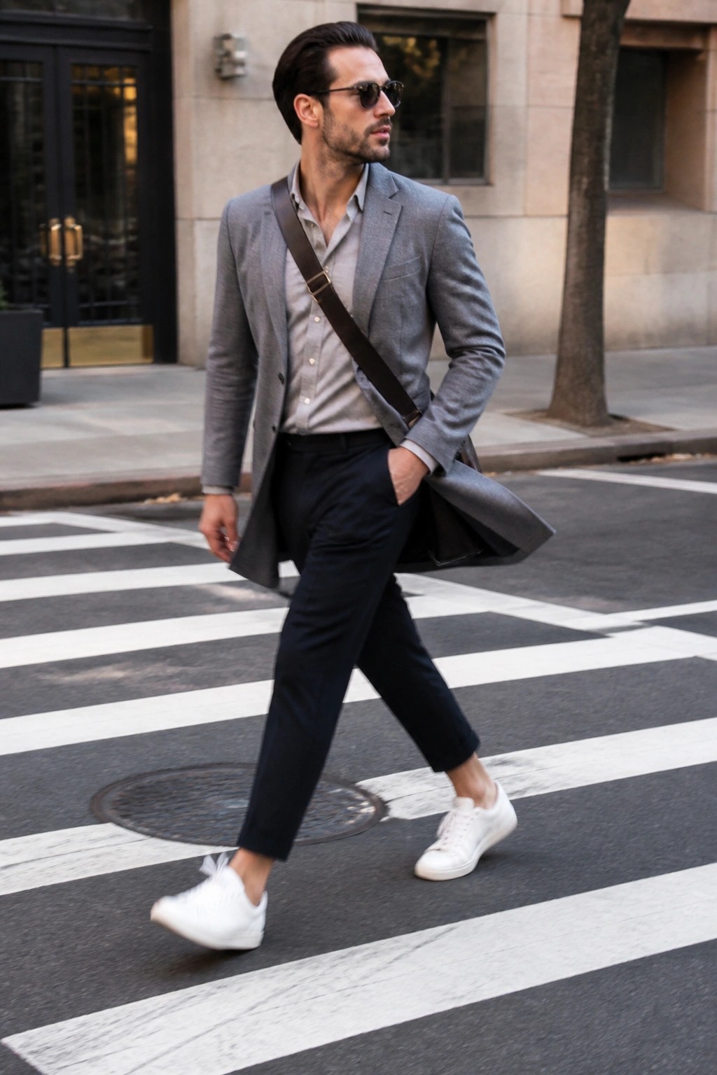 Man crossing street in gray blazer, light gray shirt, black formal pants, white sneakers, and brown crossbody bag strap.