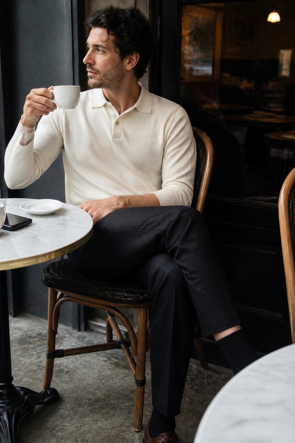 Man in cream polo sweater holding coffee cup at marble cafe table