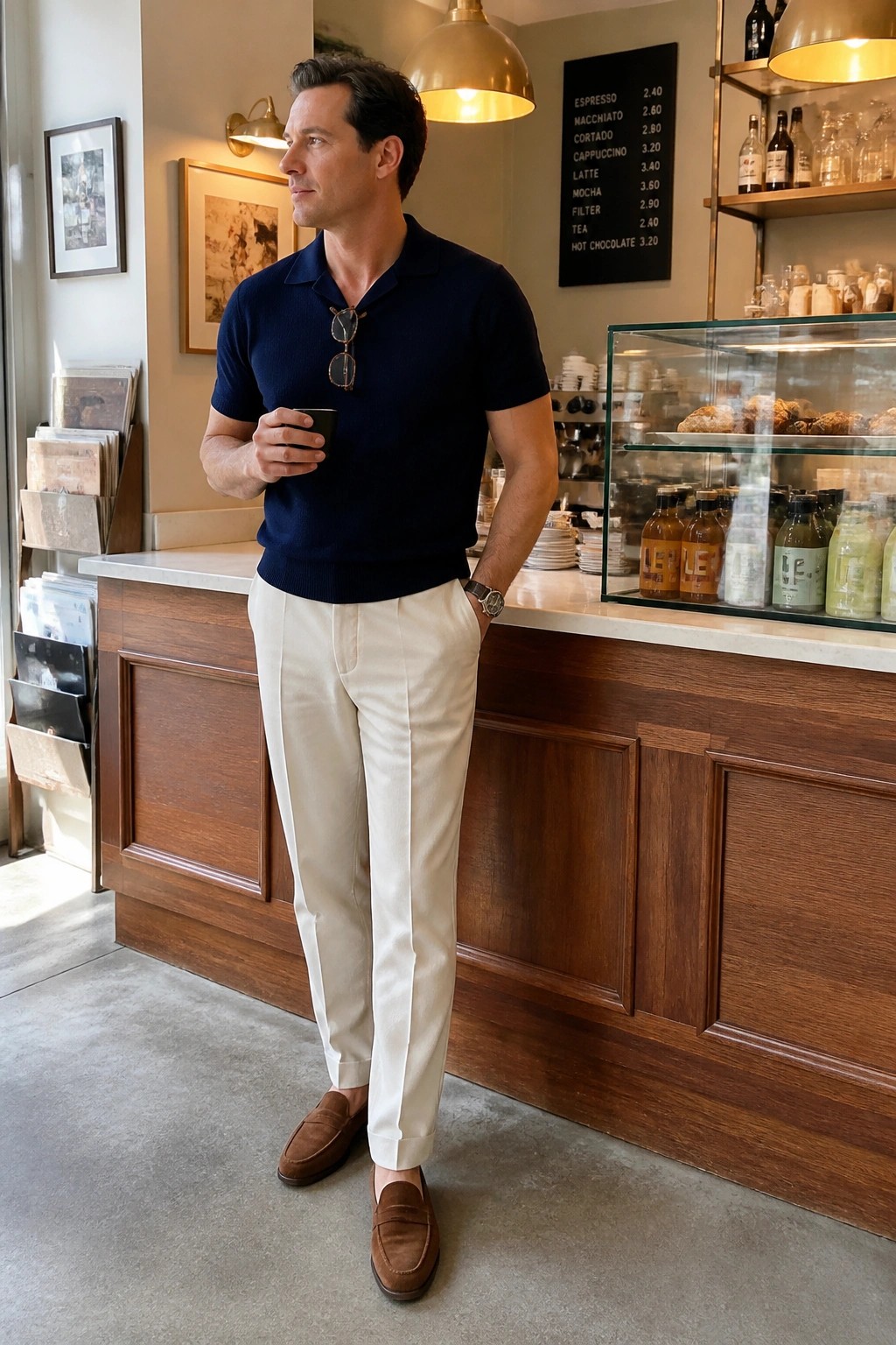 Man in navy polo shirt and white pants holding coffee in cafe