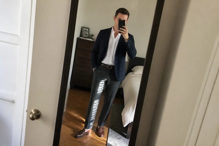 Man in navy blazer, white shirt, and gray trousers taking bedroom mirror selfie