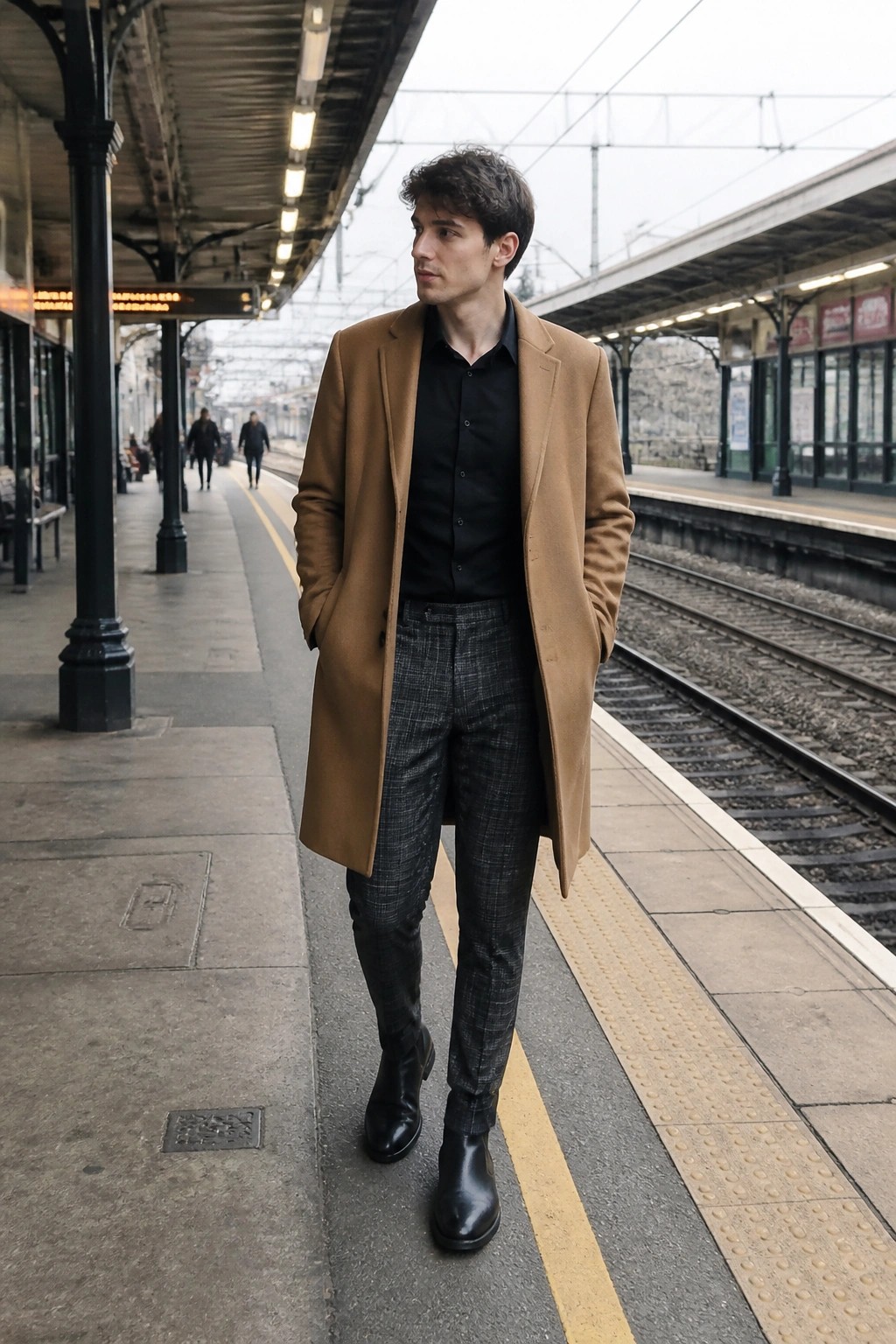 Man in camel coat, black shirt, plaid pants on train platform