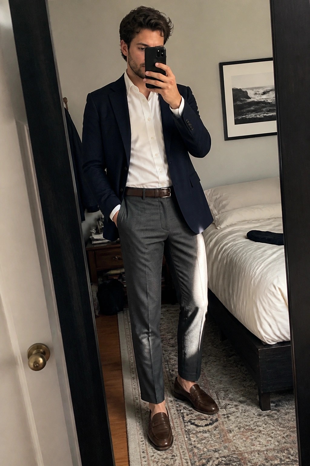 Man in navy blazer, white shirt, and gray trousers taking bedroom mirror selfie