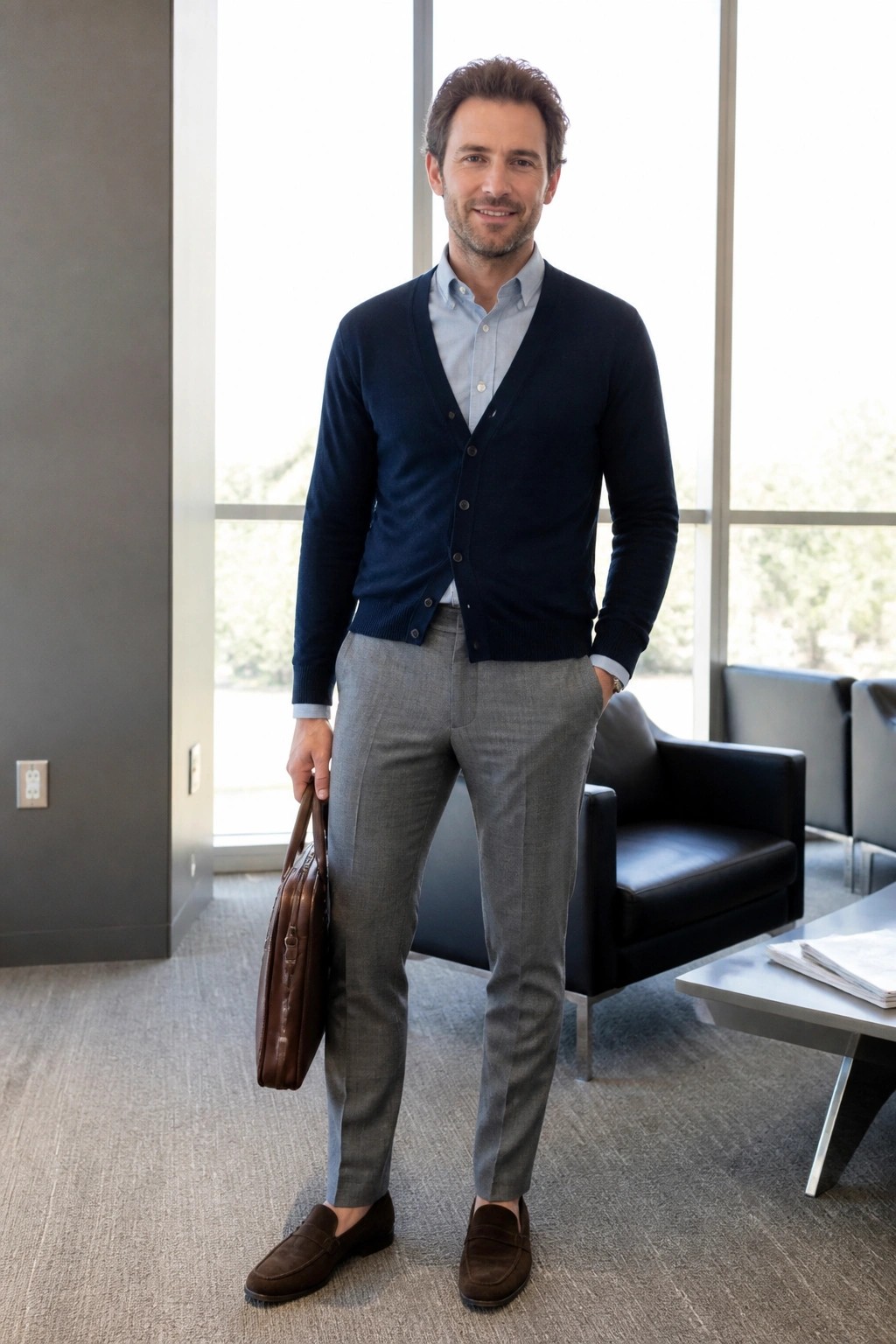 Man in navy cardigan and gray pants holding brown briefcase in office.