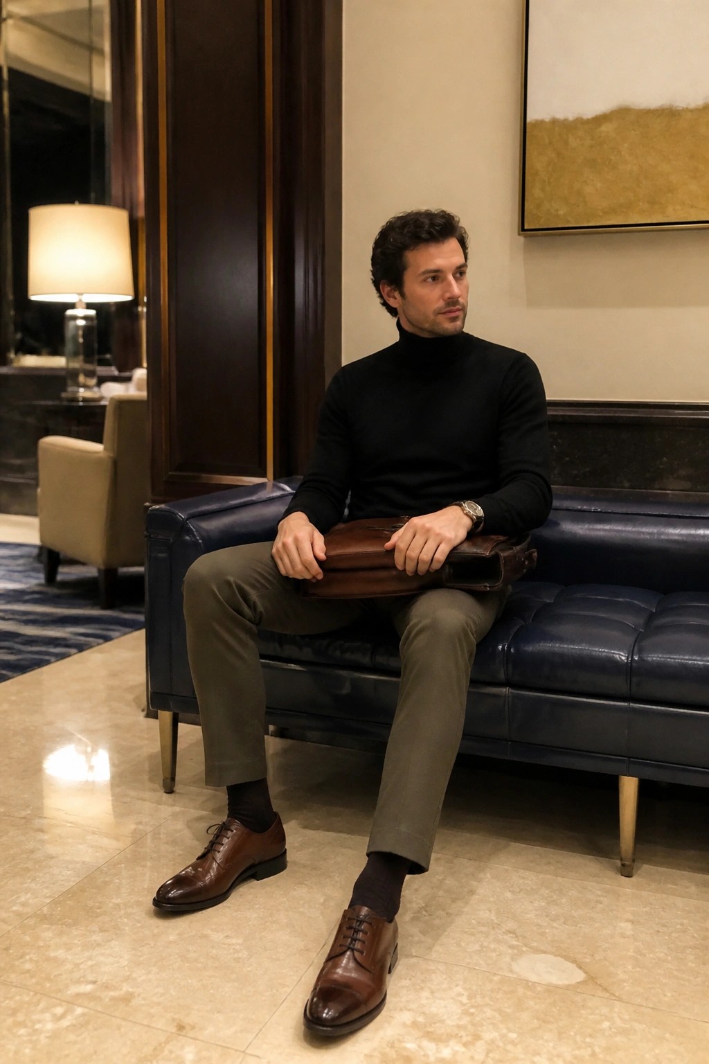 Man in black turtleneck holding brown bag on blue leather couch in lobby