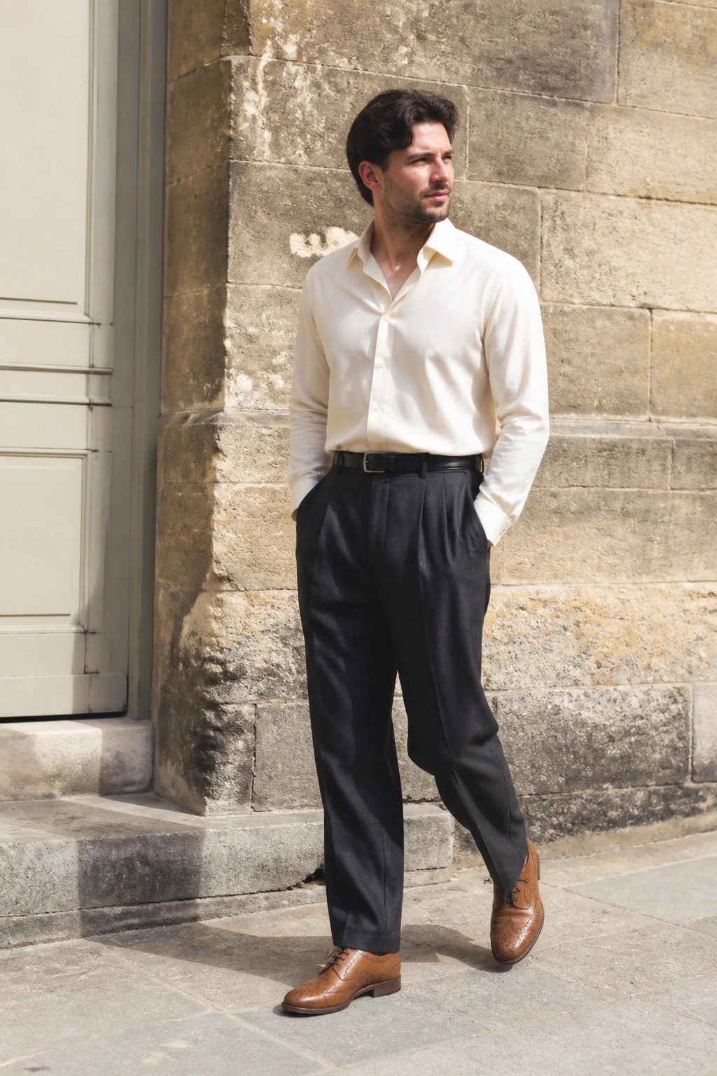 Man in cream shirt and black trousers leaning on stone wall in brown brogues