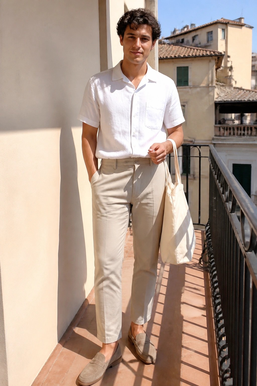 Young man in white shirt and beige pants holding tote bag on sunny balcony